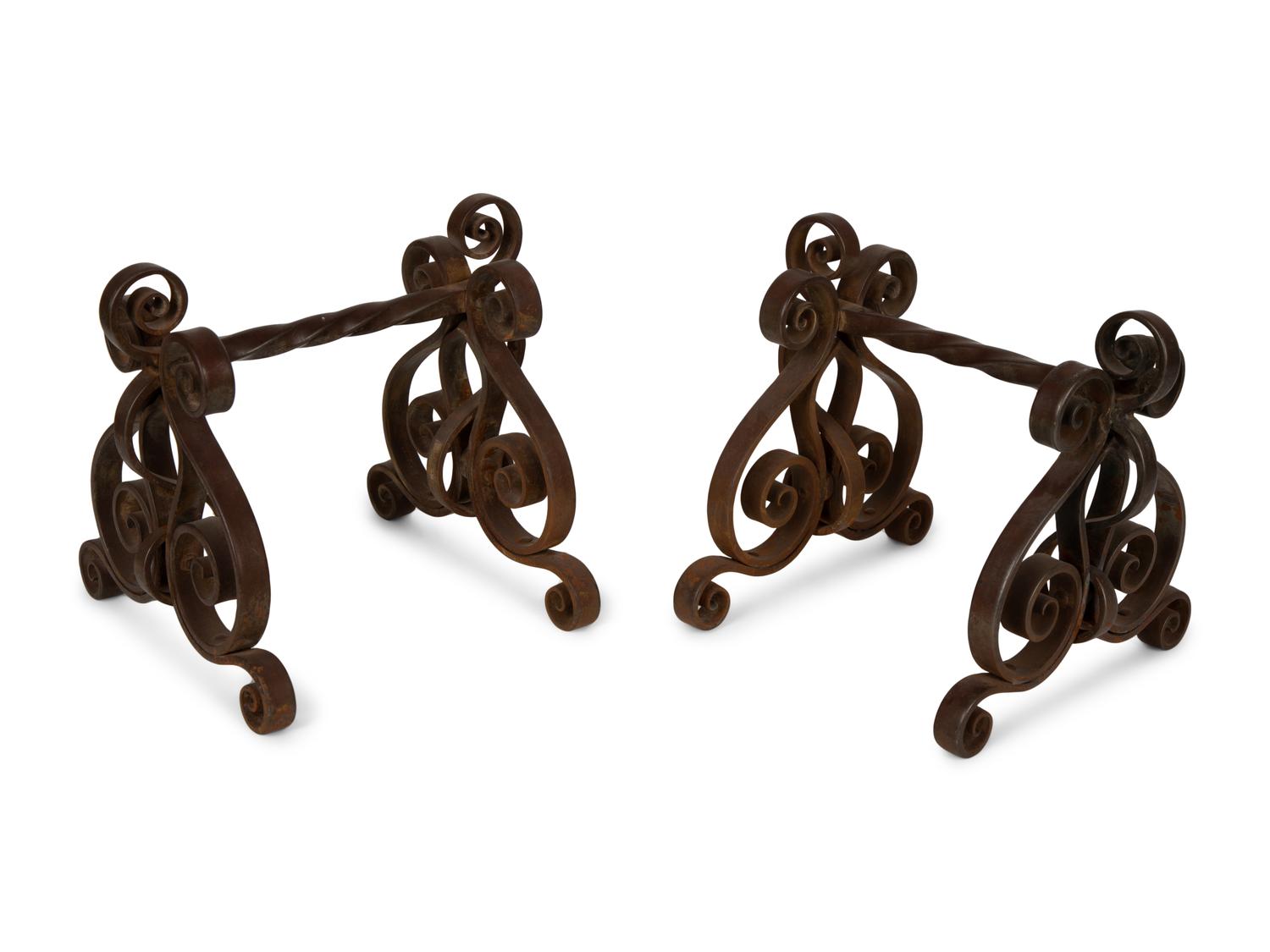A Set of Continental Wrought Iron Fire Tools with a Pair of Tool Stands — 19TH CENTURY
