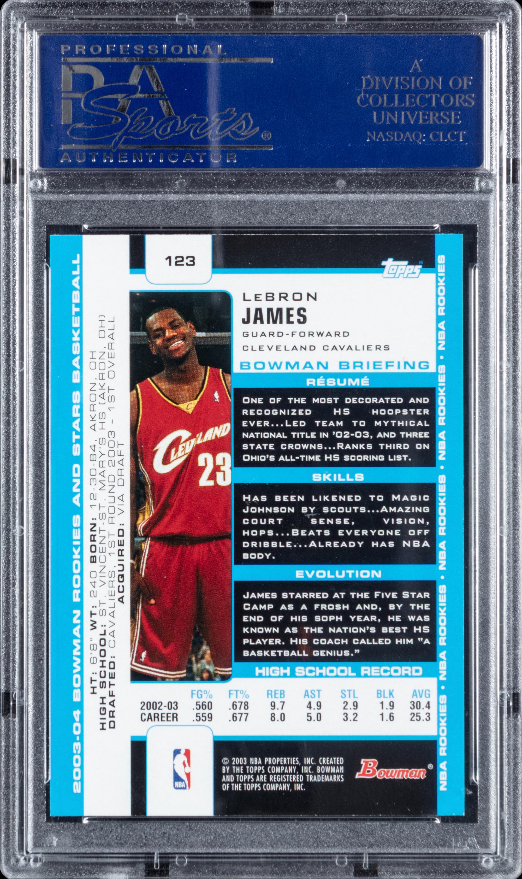 A 2003 Bowman Rookies and Stars LeBron James Bowman Rookie Basketball Card No. 123 (PSA 10 GEM MINT)