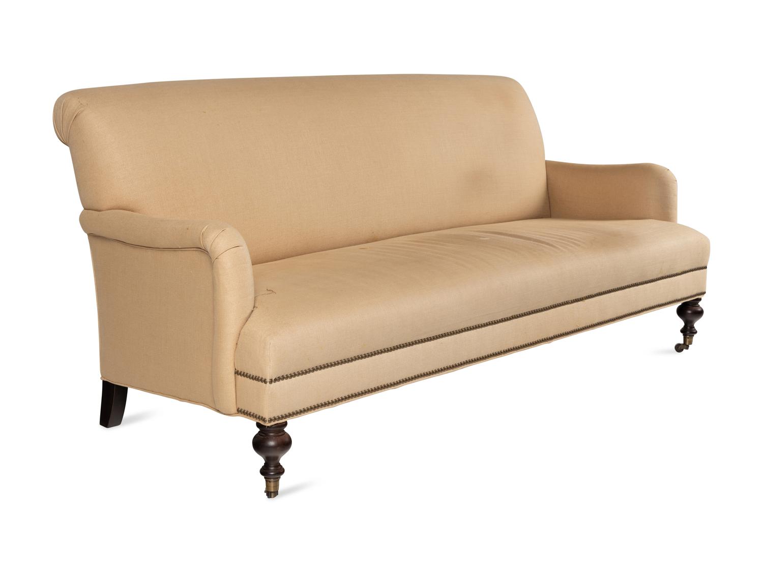 A Contemporary Nailhead-Studded Linen Sofa