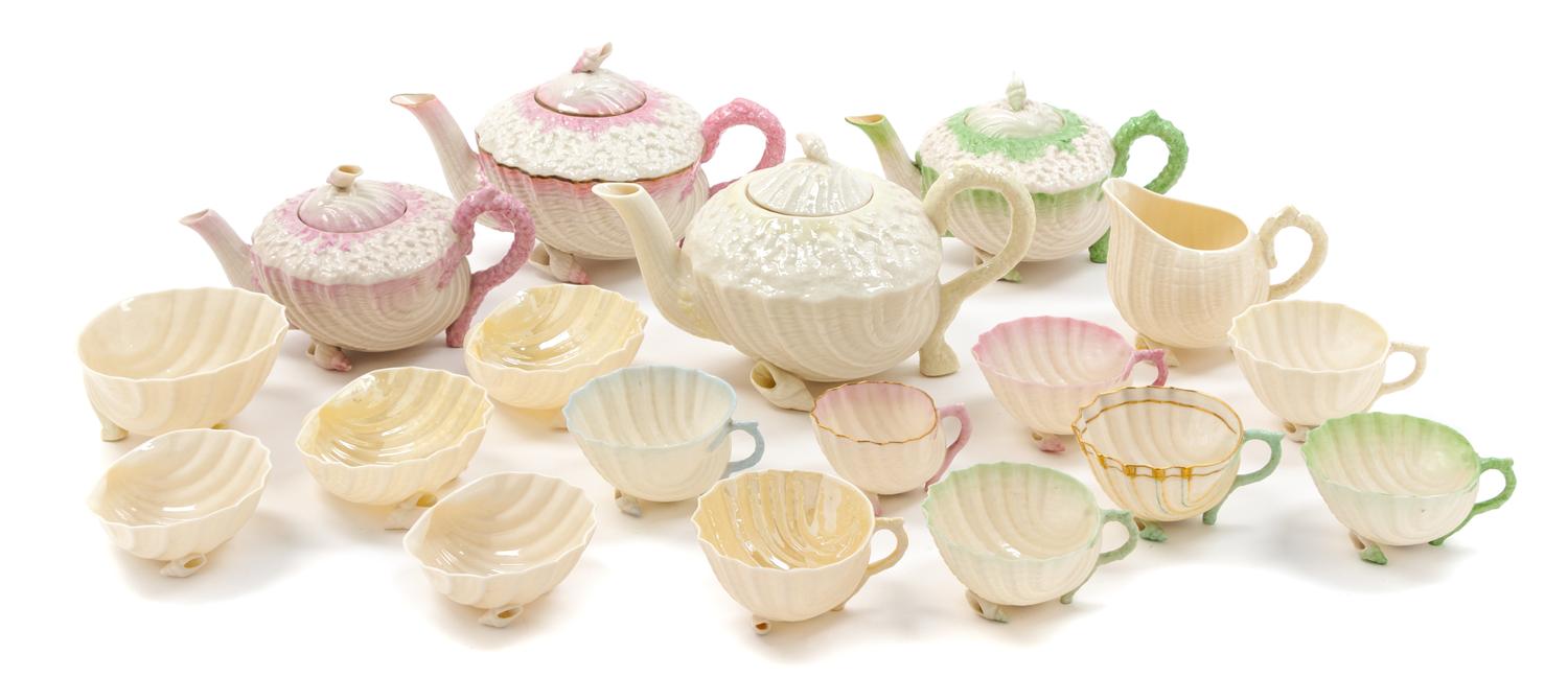 An Assembled Belleek Neptune Tea Service Width of widest 10 1/4 inches. — SECOND BLACK MARK THROUGH SEVENTH GOLD MARK (1891-1993)