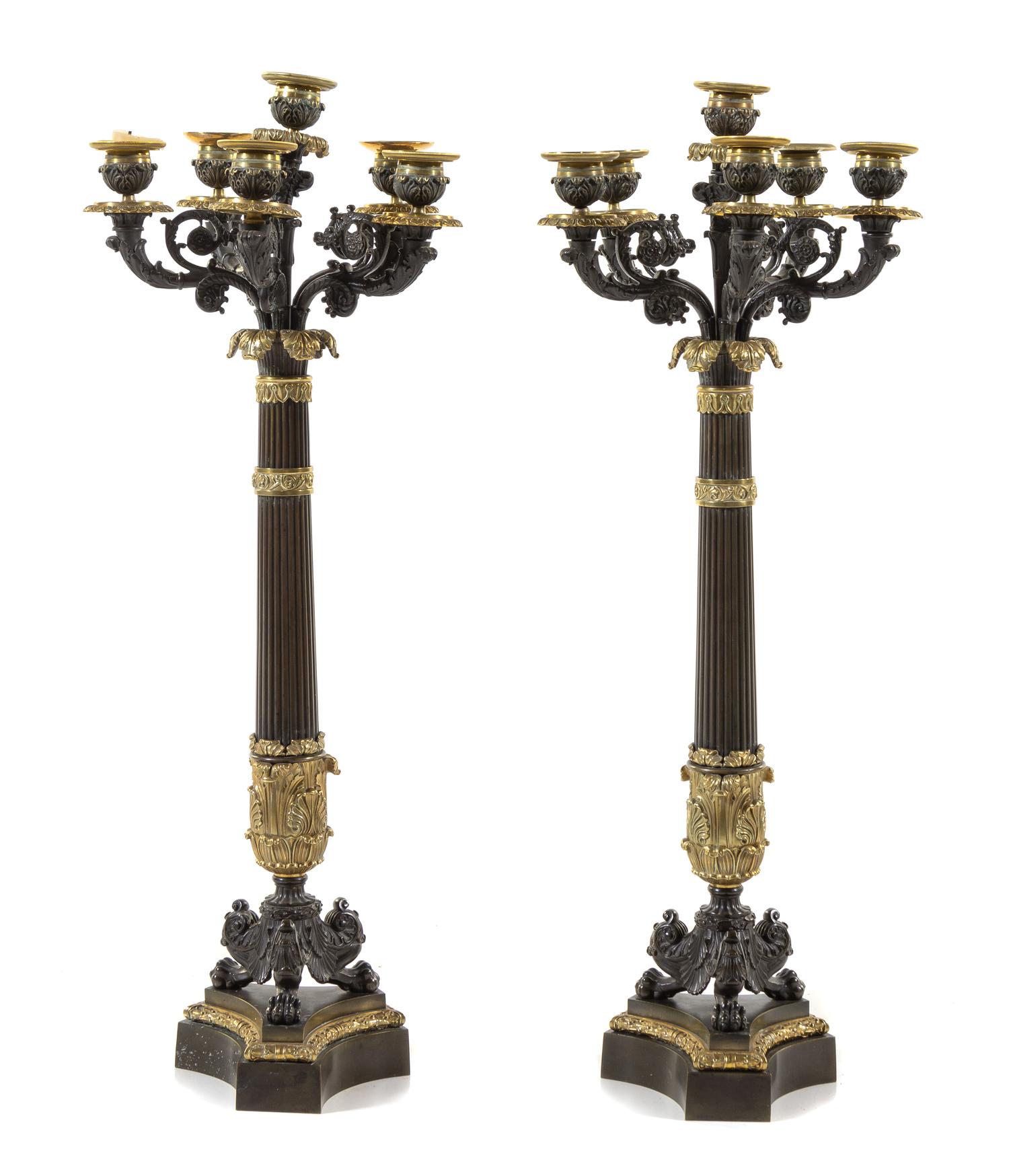A Pair of Charles X Gilt and Patinated Bronze Six-Light Candelabra Height 28 1/3 inches. — LATE 19TH CENTURY