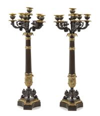 A Pair of Charles X Gilt and Patinated Bronze Six-Light Candelabra Height 28 1/3 inches. — LATE 19TH CENTURY