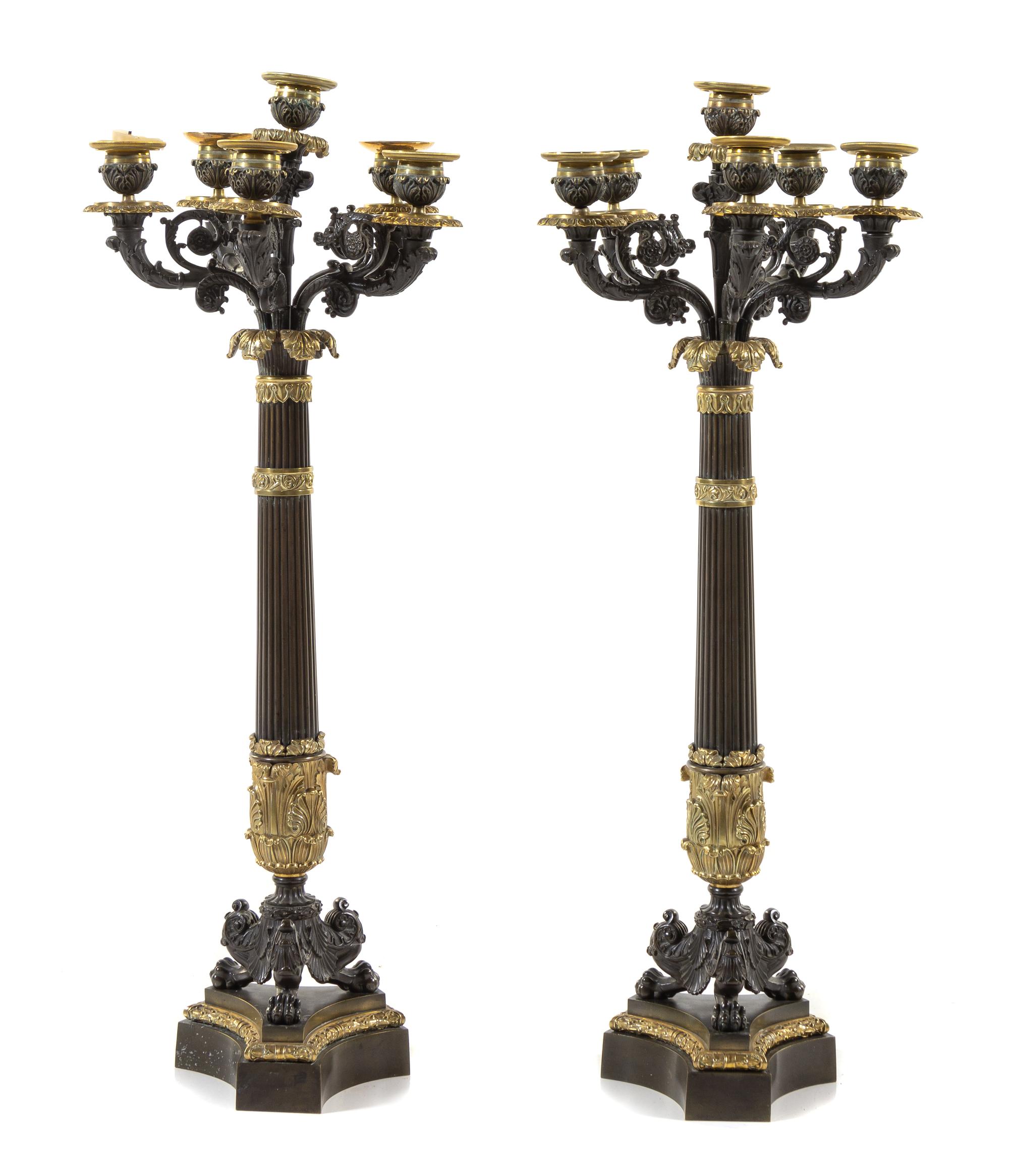 A Pair of Charles X Gilt and Patinated Bronze Six-Light Candelabra Height 28 1/3 inches. — LATE 19TH CENTURY