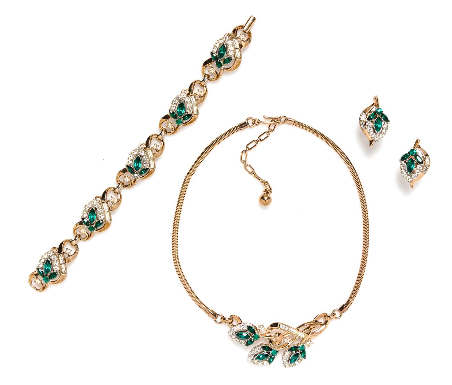 A Trifari Faux Emerald and Rhinestone Parure,