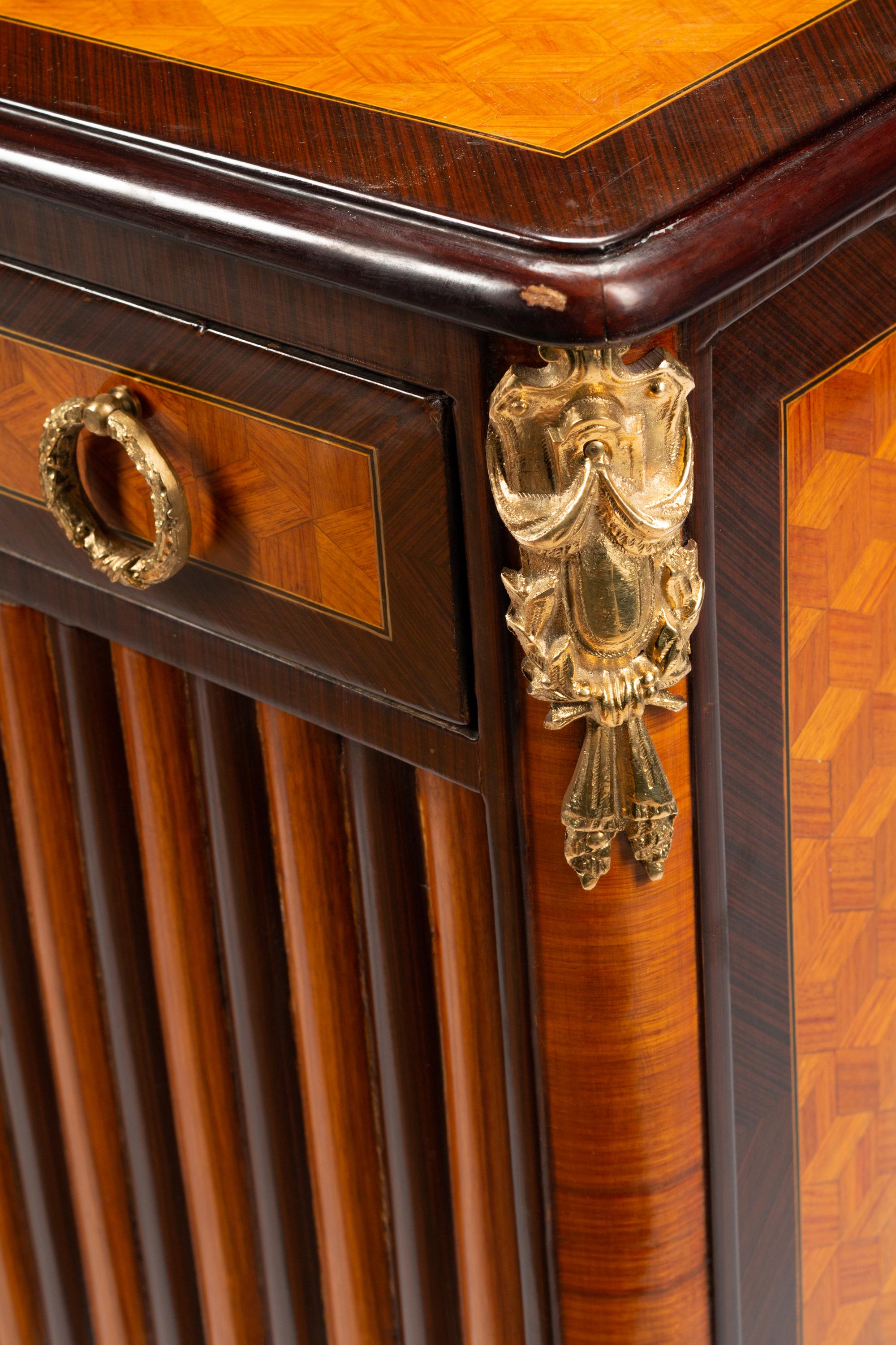 A Pair of Louis XV Style Gilt Bronze Mounted Parquetry Side Tables