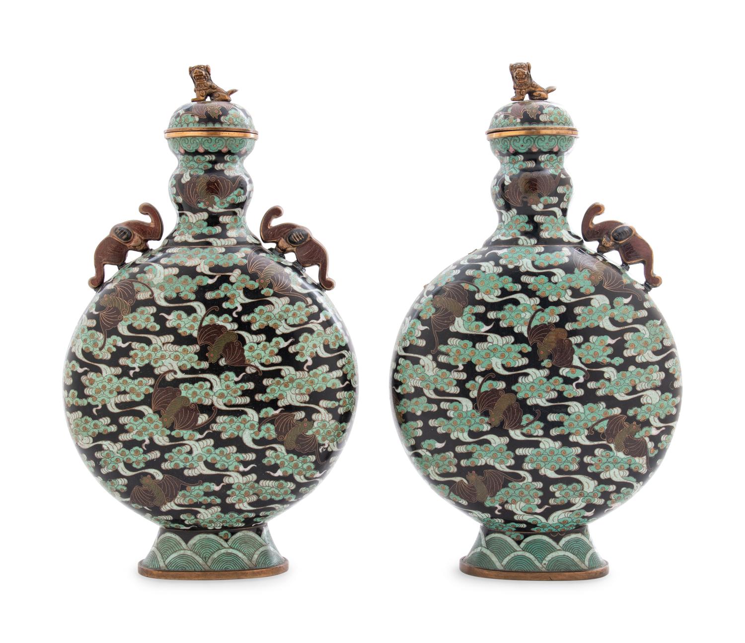 A Pair of Chinese Export Cloisonné Moon Flasks with Covers