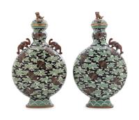 A Pair of Chinese Export Cloisonné Moon Flasks with Covers