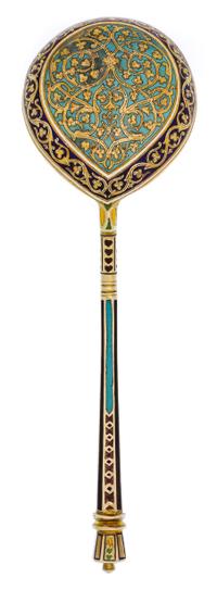 A Russian Silver and Enamel Spoon, Maker's mark likely of P. Ovchinnikov, assay mark obscured, Moscow, 1878, the handle with polychrome