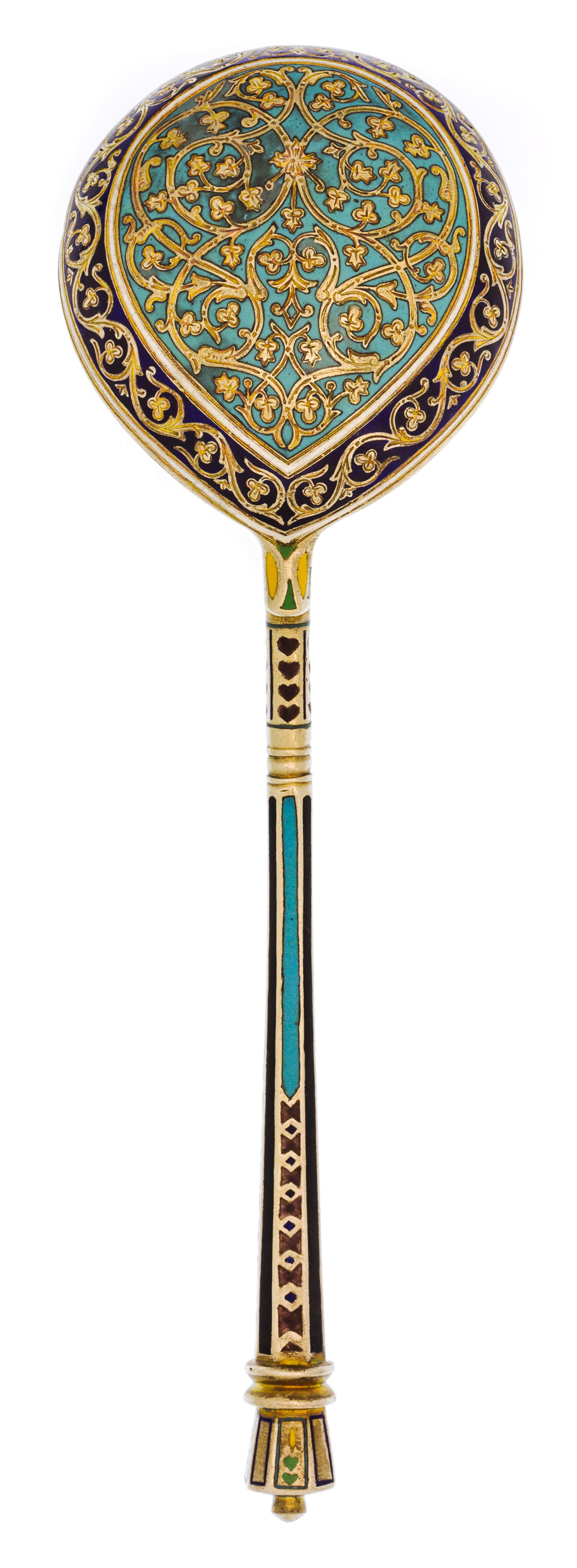 A Russian Silver and Enamel Spoon, Maker's mark likely of P. Ovchinnikov, assay mark obscured, Moscow, 1878, the handle with polychrome