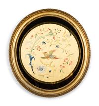 A Pair of Chinese Embroidered Silk Roundels in Gilt Frames