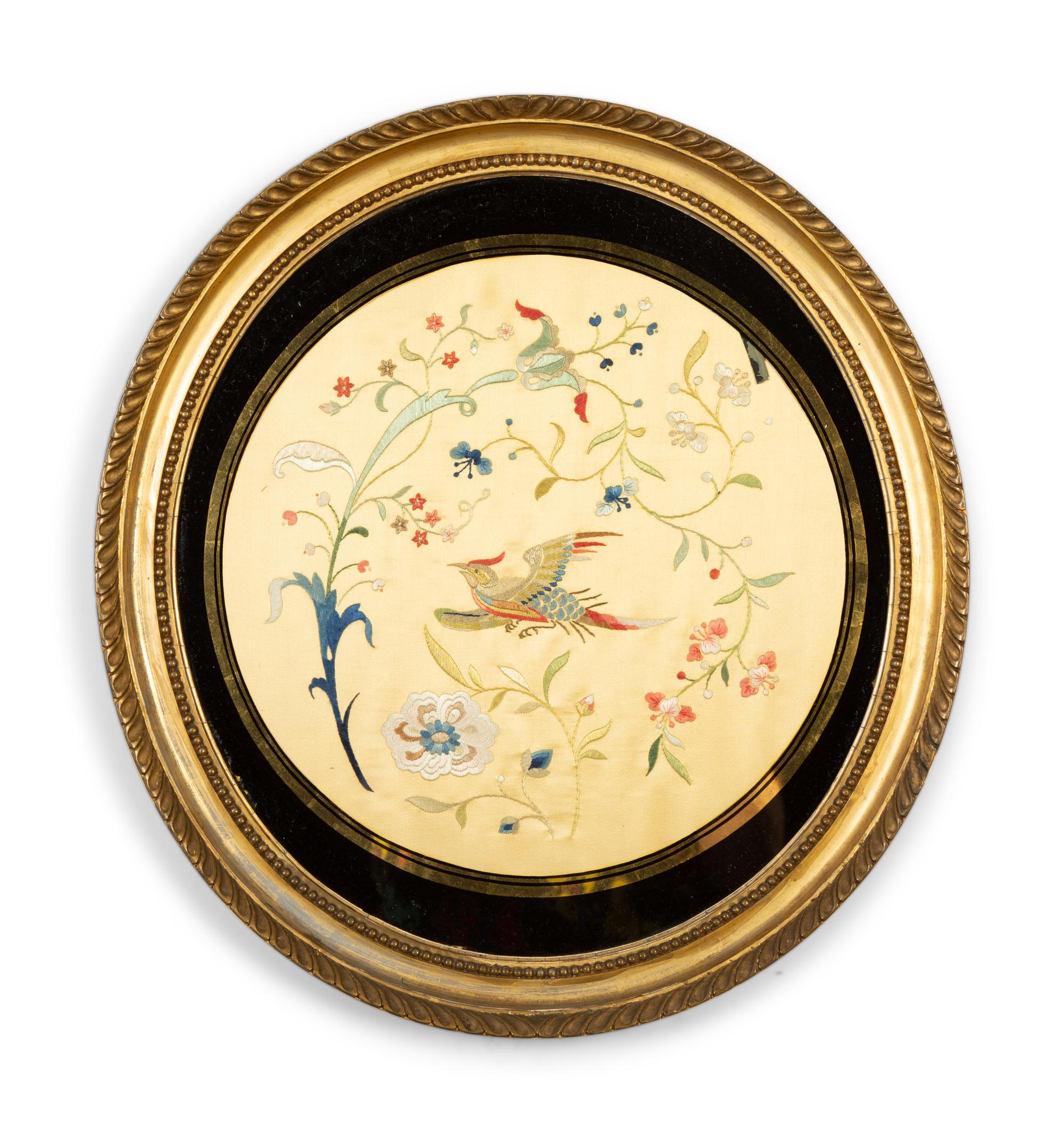 A Pair of Chinese Embroidered Silk Roundels in Gilt Frames