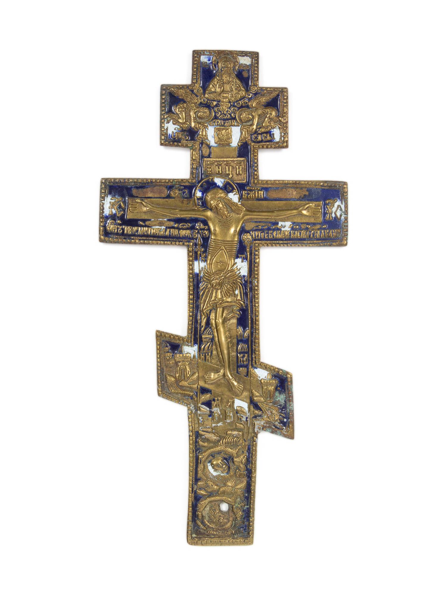 Three Russian Enamel Decorated Bronze Crosses