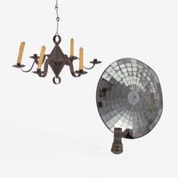 A miniature tinware chandelier and mirrored tin candle sconce 19th century