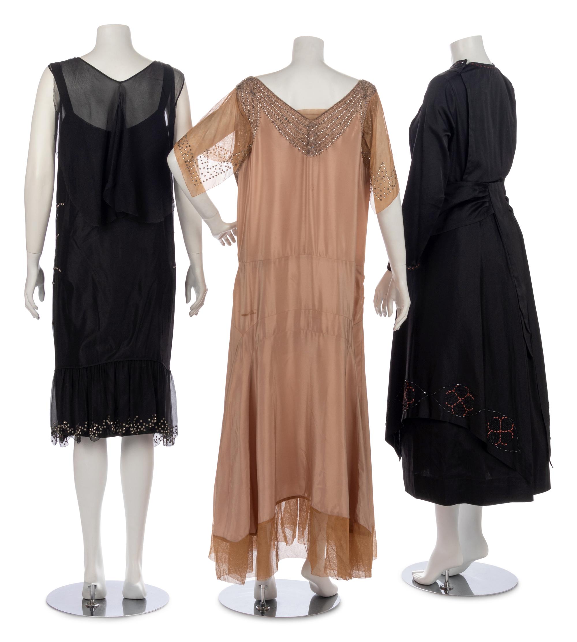 Three Beaded, Rhinestone and Silk Thread Embellished Dresses, 1910-20s
