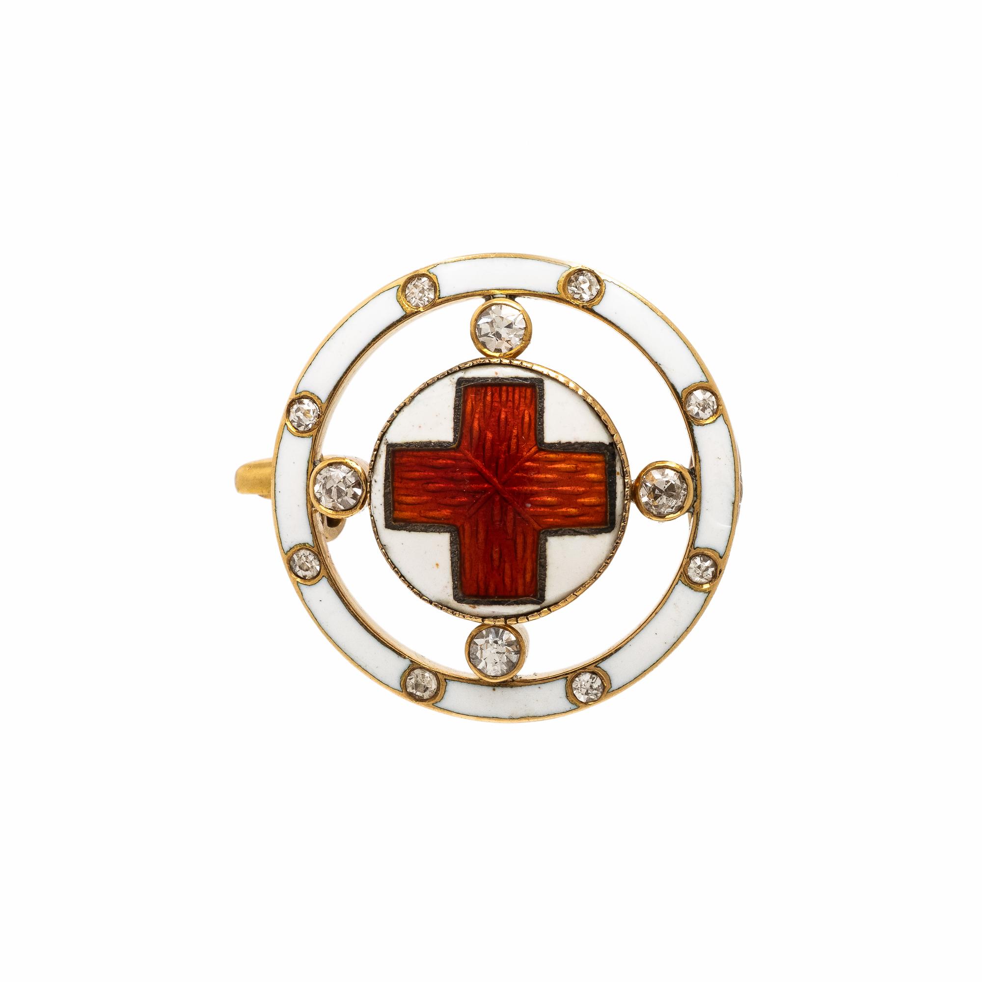 Fabergé, Antique, Yellow Gold, Enamel, and Diamond Cross Brooch