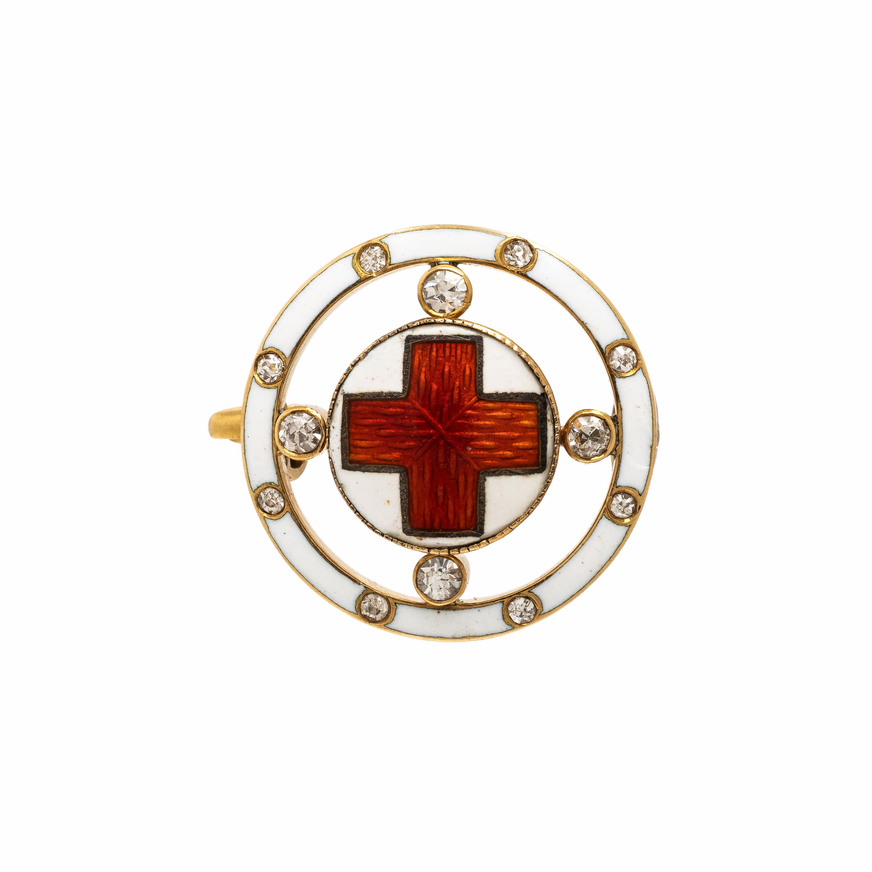 Fabergé, Antique, Yellow Gold, Enamel, and Diamond Cross Brooch
