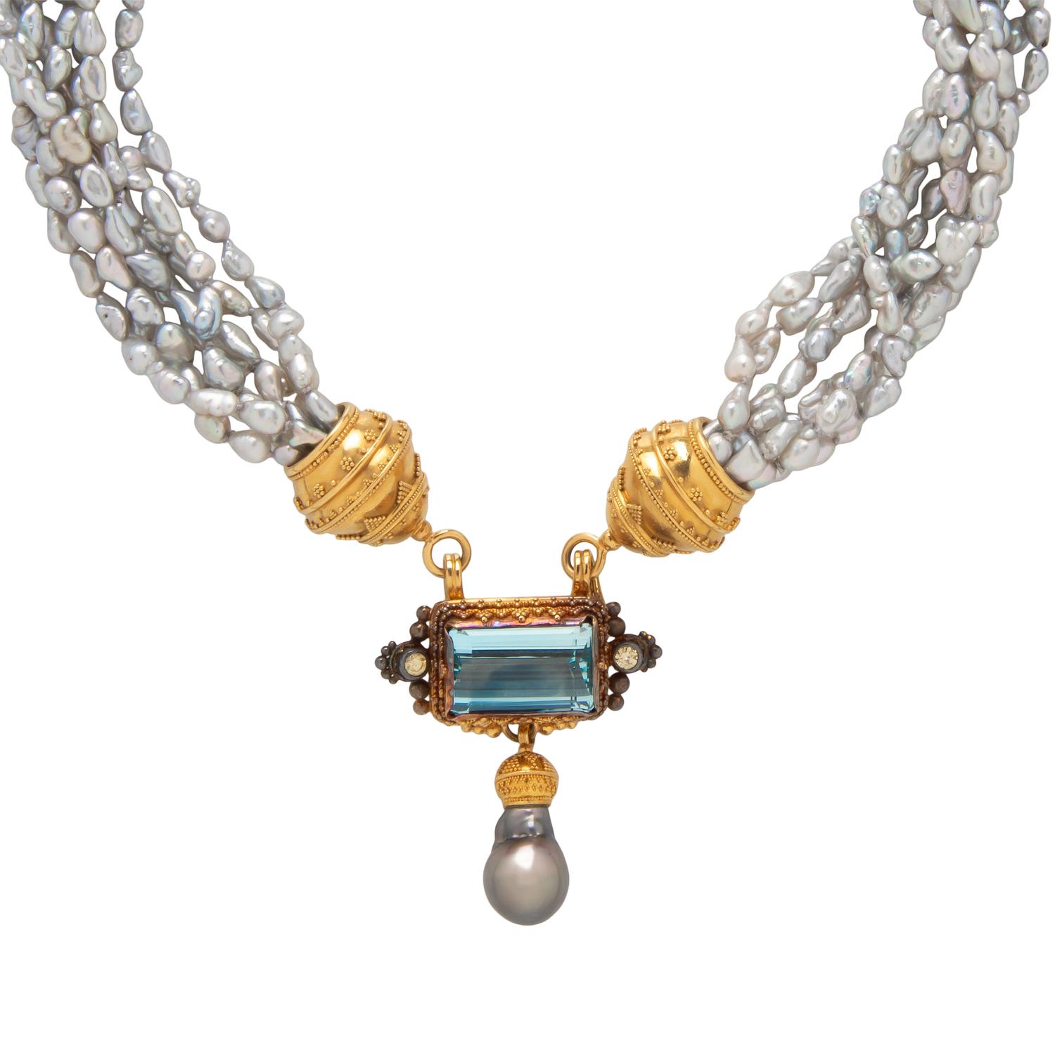 LUNA FELIX GOLDSMITH, YELLOW GOLD, GRAY CULTURED PEARL, AND AQUAMARINE NECKLACE