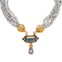 LUNA FELIX GOLDSMITH, YELLOW GOLD, GRAY CULTURED PEARL, AND AQUAMARINE NECKLACE