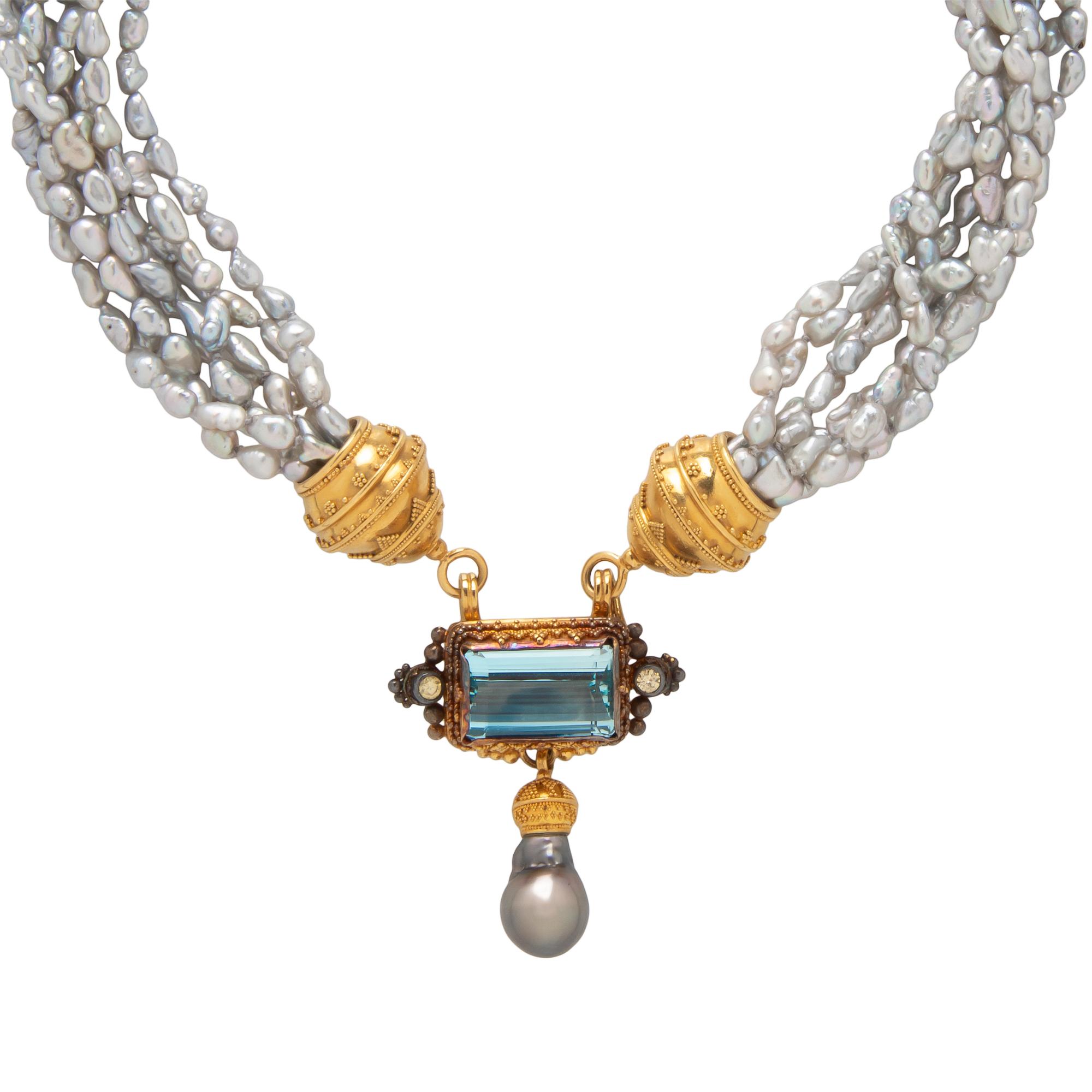 LUNA FELIX GOLDSMITH, YELLOW GOLD, GRAY CULTURED PEARL, AND AQUAMARINE NECKLACE