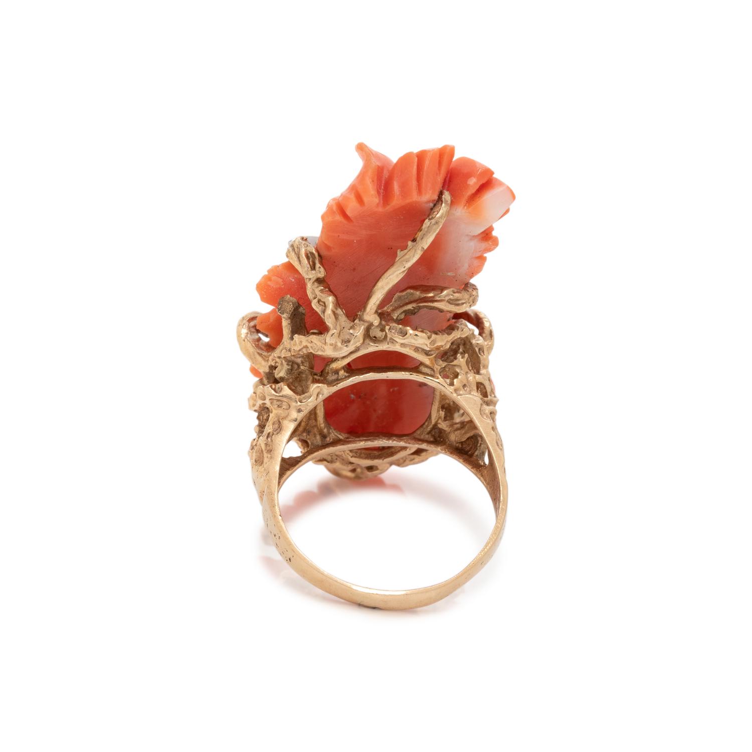 CARVED CORAL AND DIAMOND RING
