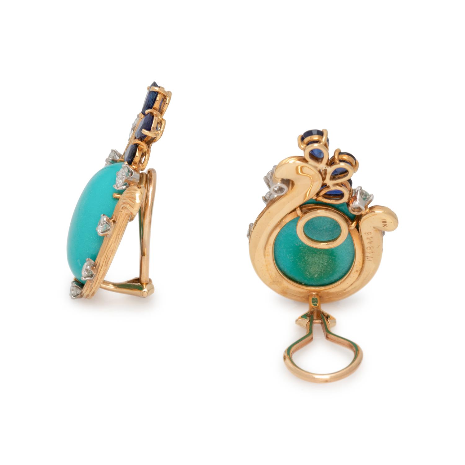 SYNTHETIC TURQUOISE, DIAMOND AND SAPPHIRE EARCLIPS