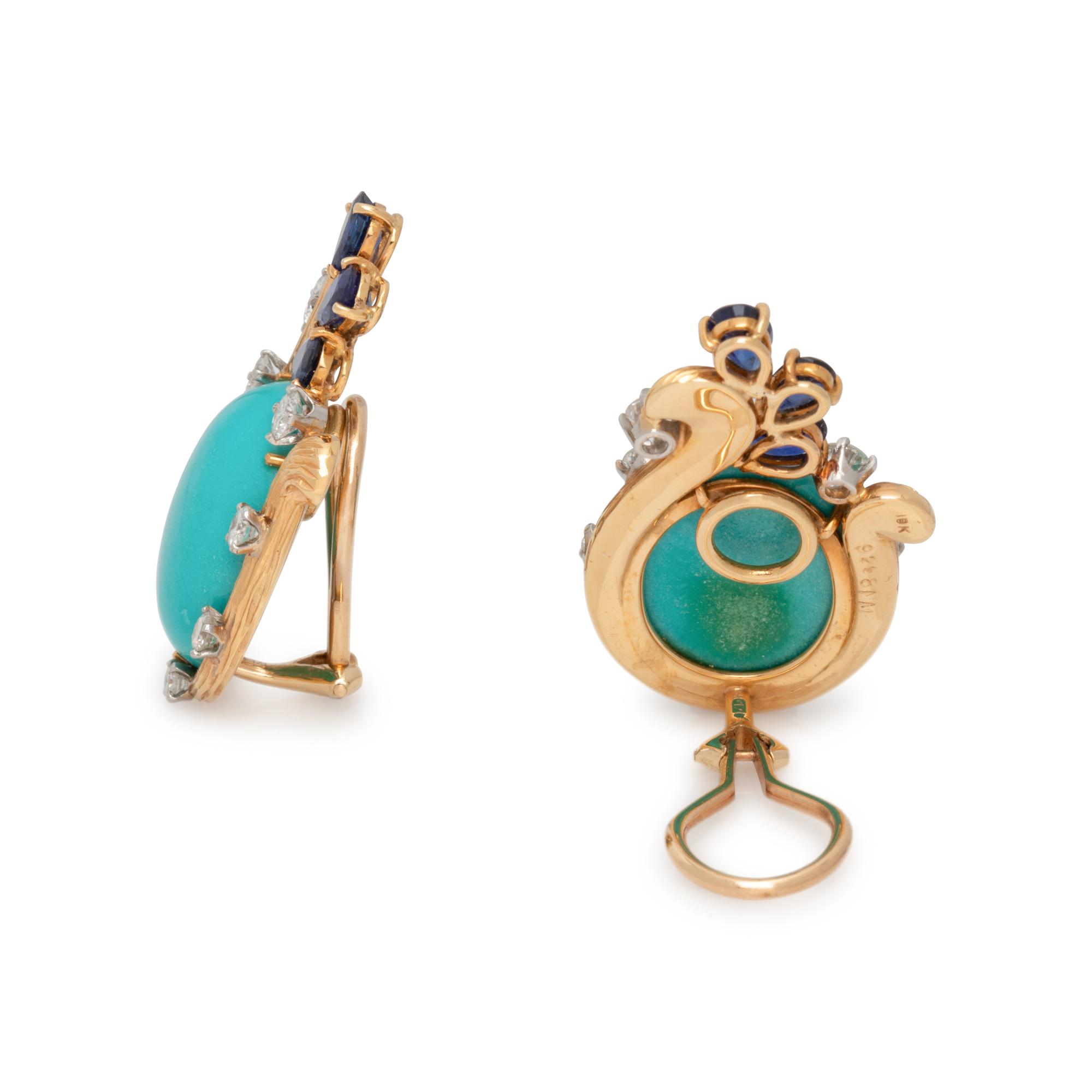 SYNTHETIC TURQUOISE, DIAMOND AND SAPPHIRE EARCLIPS