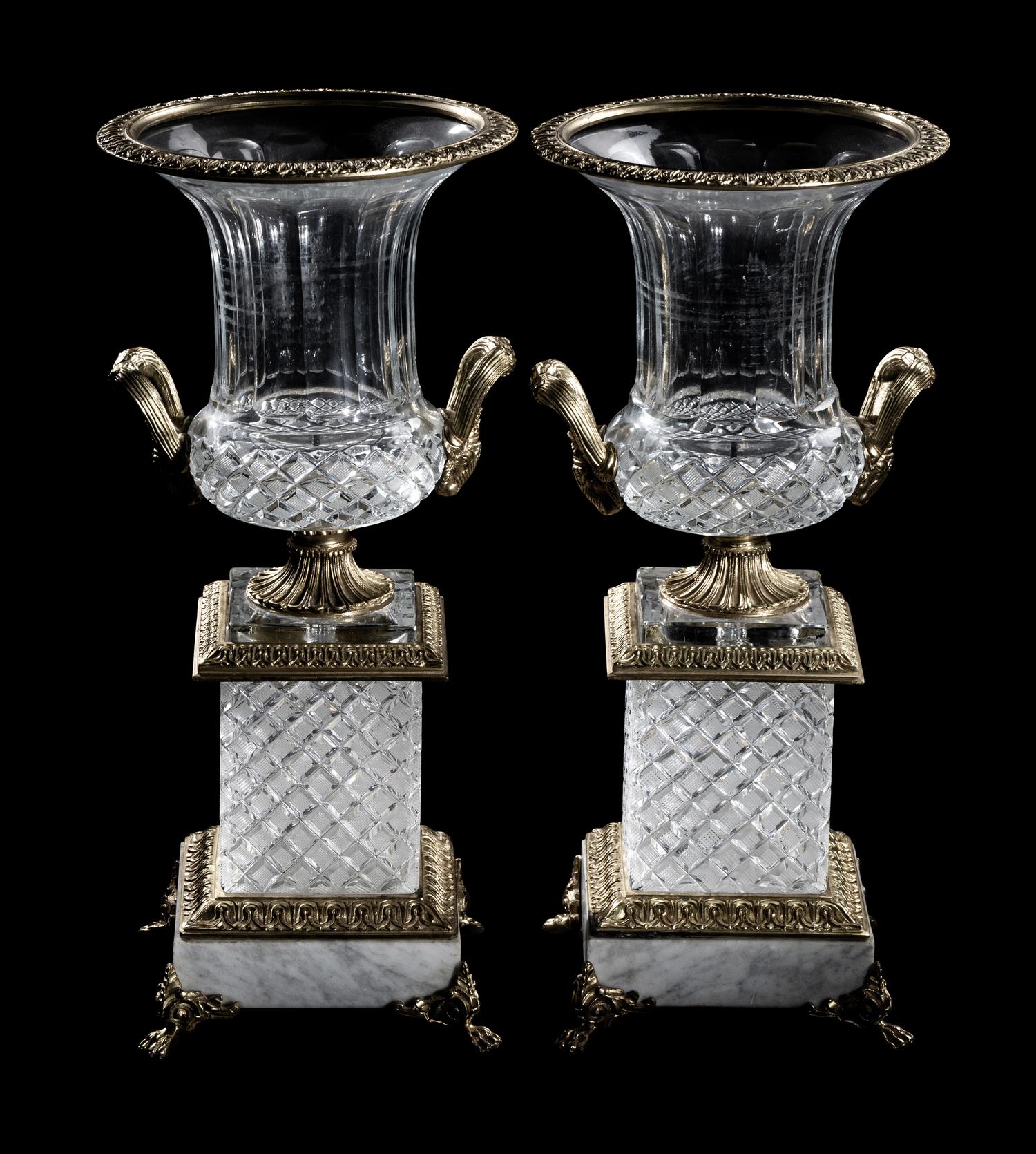 A Pair of Empire Style Gilt Bronze, Marble and Cut Glass Campagna Urns