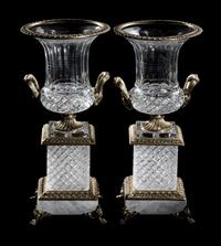 A Pair of Empire Style Gilt Bronze, Marble and Cut Glass Campagna Urns