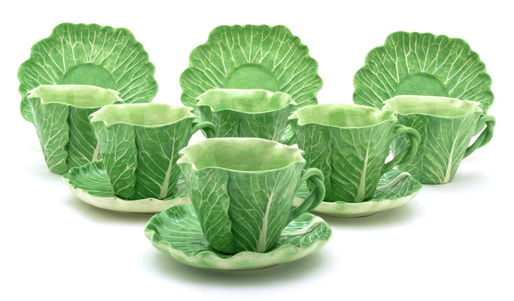 Six Dodie Thayer Lettuce Ware Coffee Cups and Saucers Height of cup 3 1/4 inches. — 20TH CENTURY