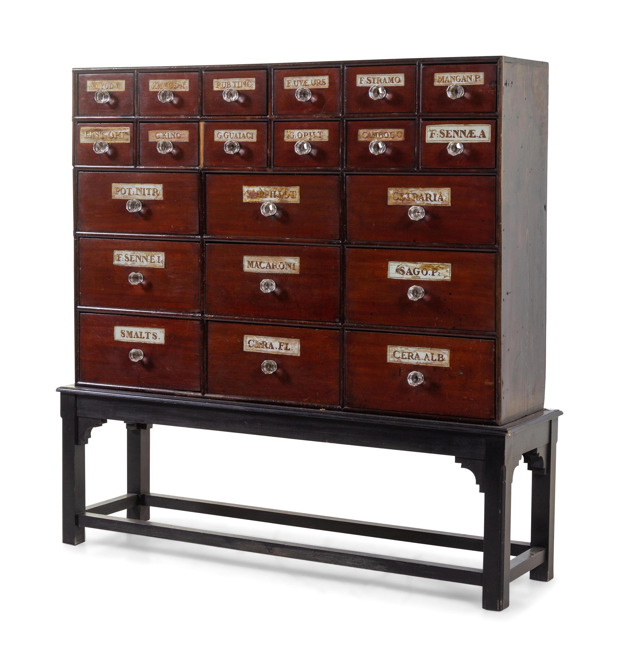 A Painted and Parcel Gilt Apothecary Chest on Stand
