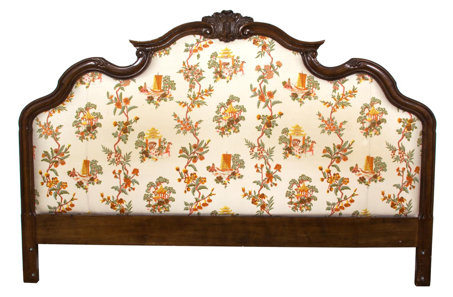 A Louis XV Style Carved Mahogany Upholstered Head Board Height 53 x width 79 inches. — 20TH CENTURY