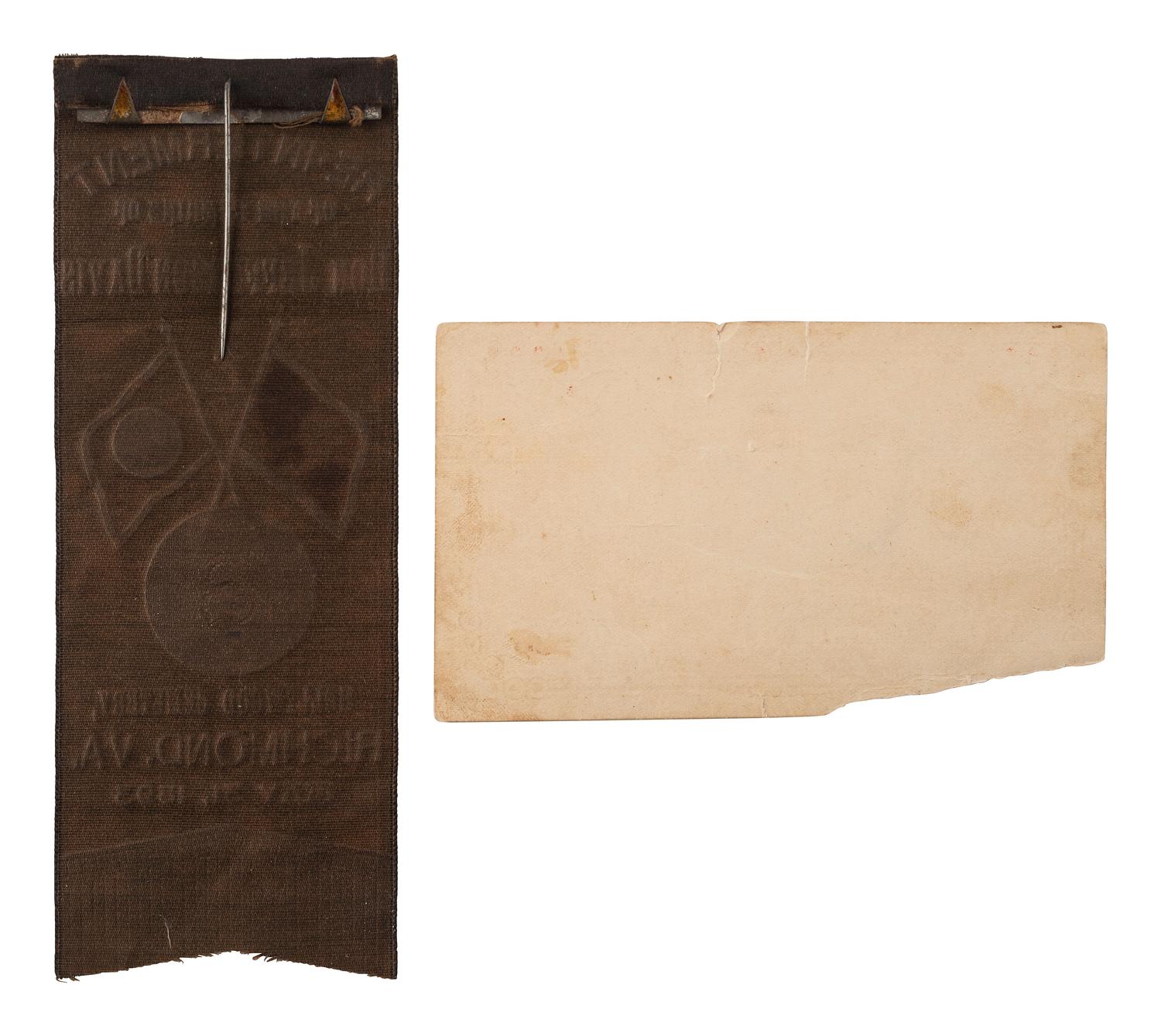 [CIVIL WAR]. DAVIS, Jefferson (1808-1889). Autographed card ("Jefferson Davis"). [ With: ] Silk ribbon created for the Re-Interment of the remains of Jefferson Davis.
