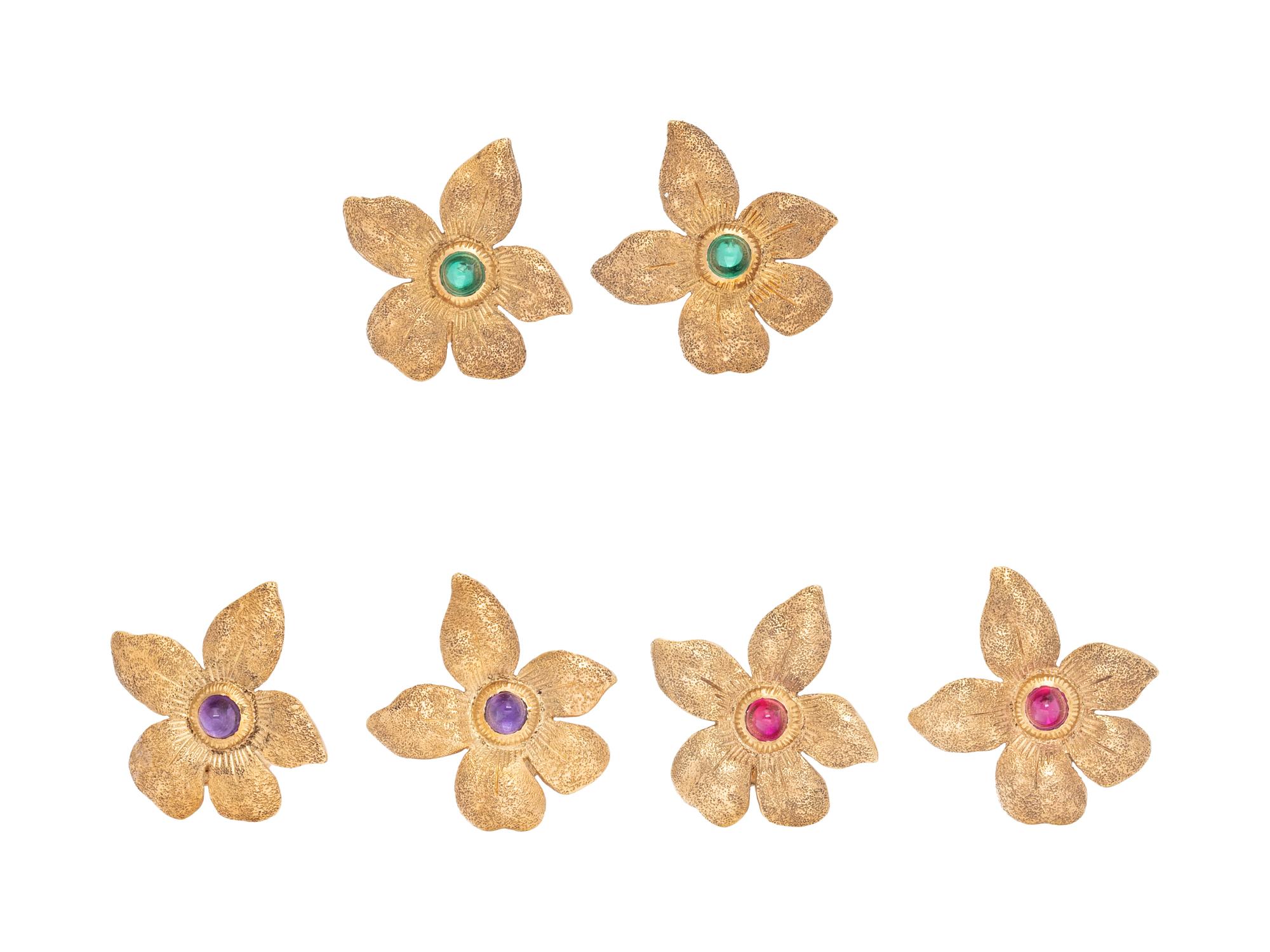COLLECTION OF YELLOW GOLD AND GEMSTONE FLOWER EARCLIPS