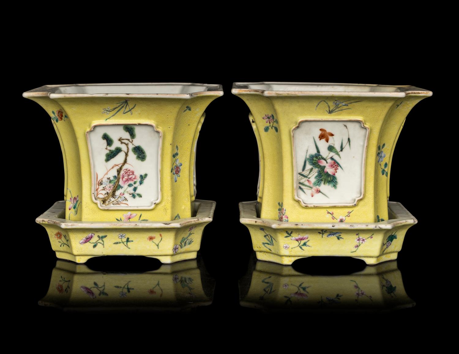 A Pair of Chinese Sgraffito Yellow Ground Famille Rose Porcelain Cache Pots