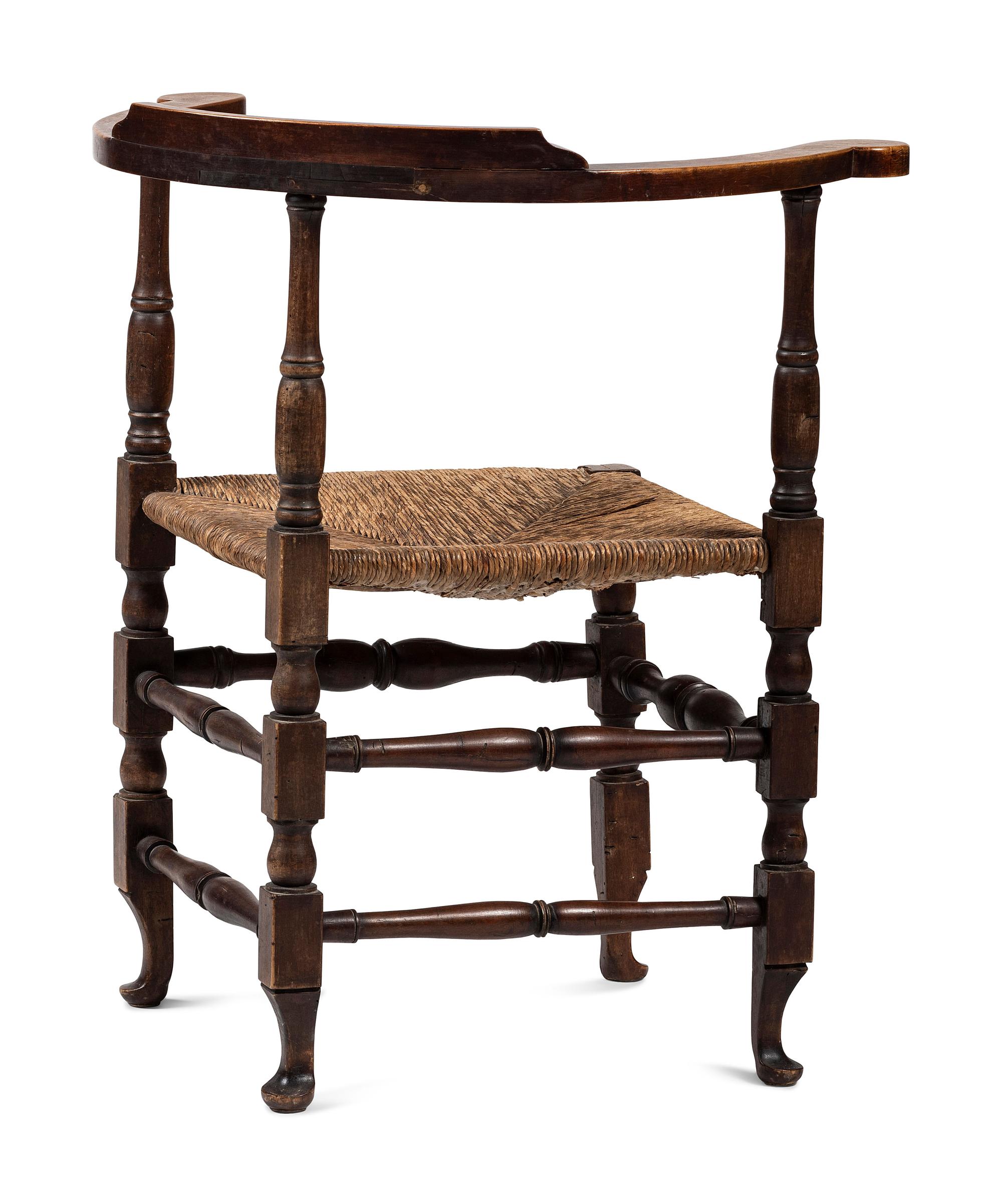 A Rare Country Queen Anne Maple and Cherrywood Rush Seat Corner Chair