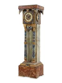 A French Green Onyx, Champlevé Enamel and Marble Pedestal Clock