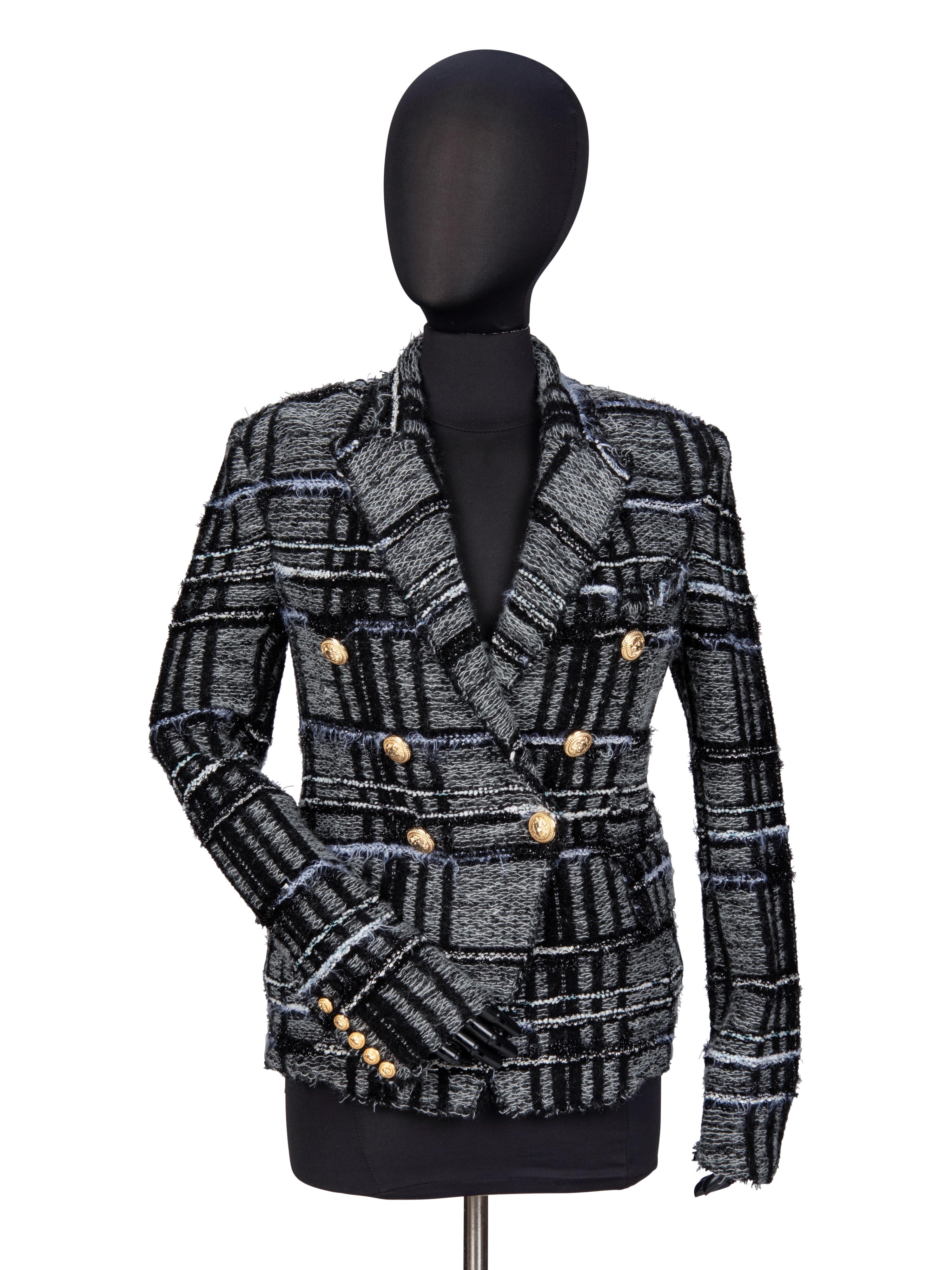 BALMAIN, PLAID KNIT TWEED BLAZER