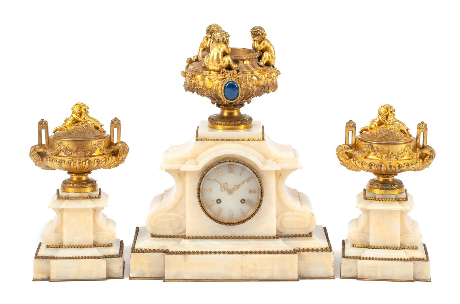 A French Gilt Bronze and Marble Clock Garniture Height of mantel clock 21 inches. — 19TH CENTURY