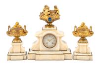 A French Gilt Bronze and Marble Clock Garniture Height of mantel clock 21 inches. — 19TH CENTURY