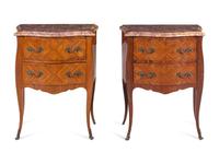 A Pair of Louis XV Style Tulipwood Marble-Top Commodes