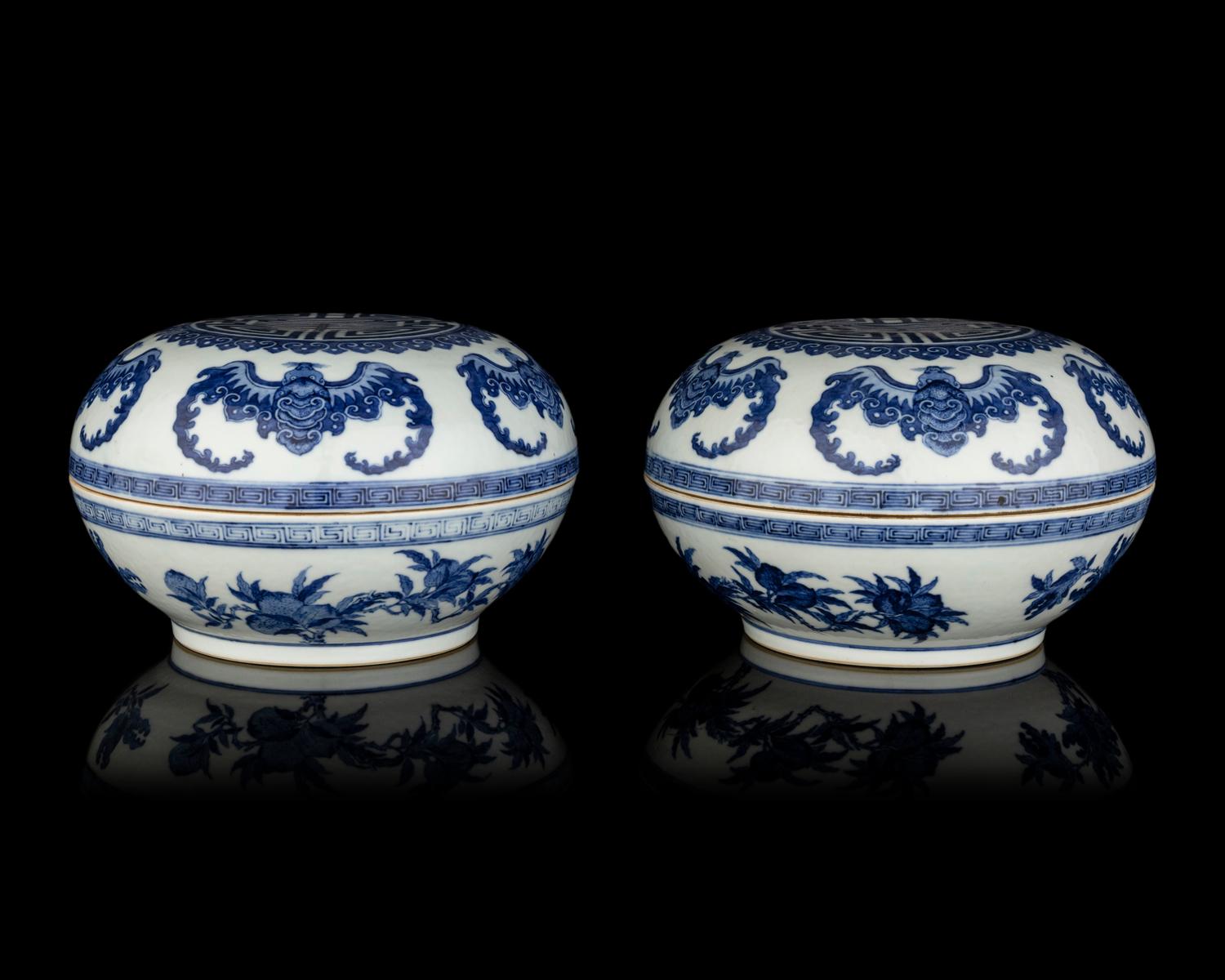 A Pair of Chinese Blue and White Porcelain Covered Boxes