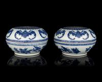 A Pair of Chinese Blue and White Porcelain Covered Boxes