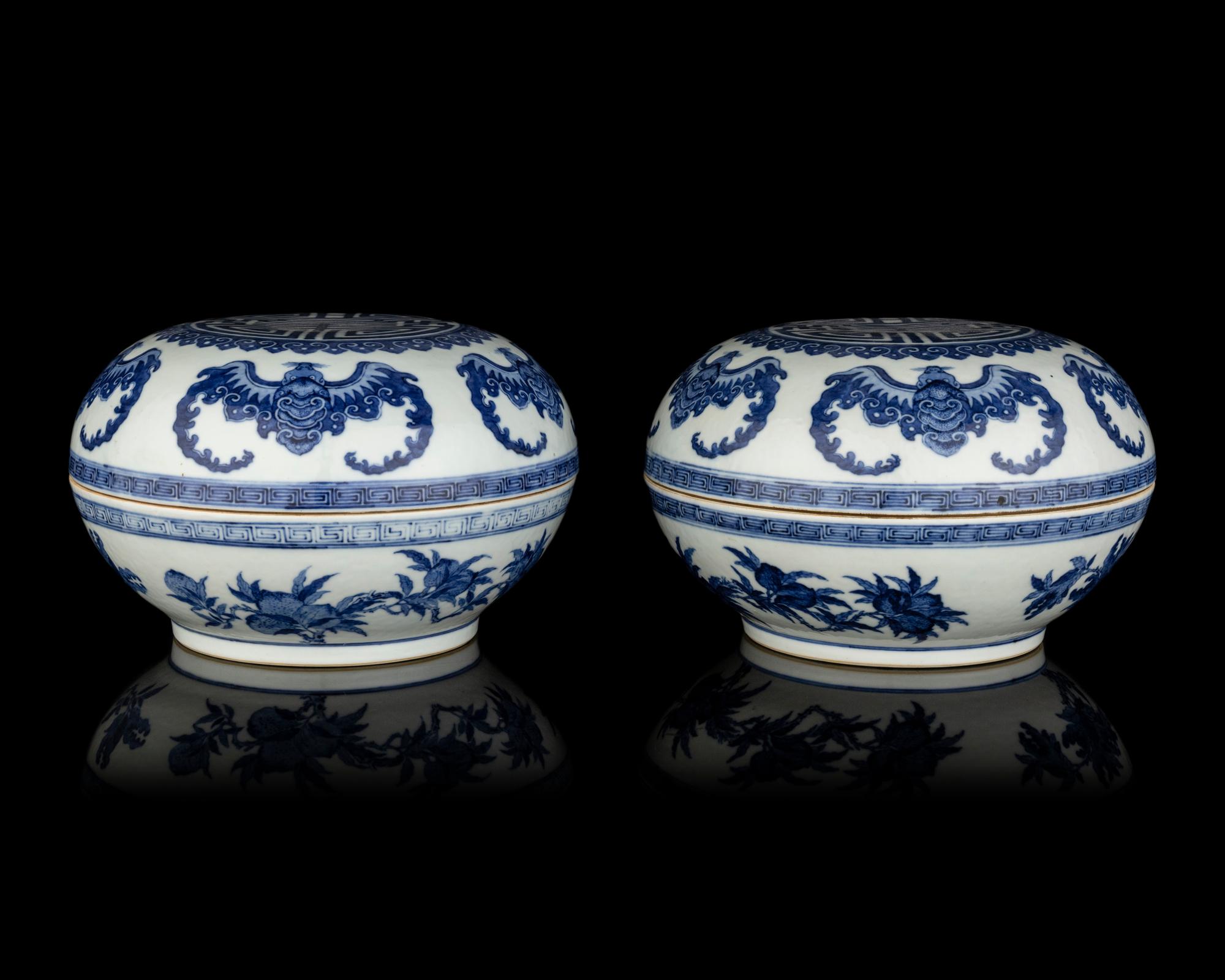 A Pair of Chinese Blue and White Porcelain Covered Boxes