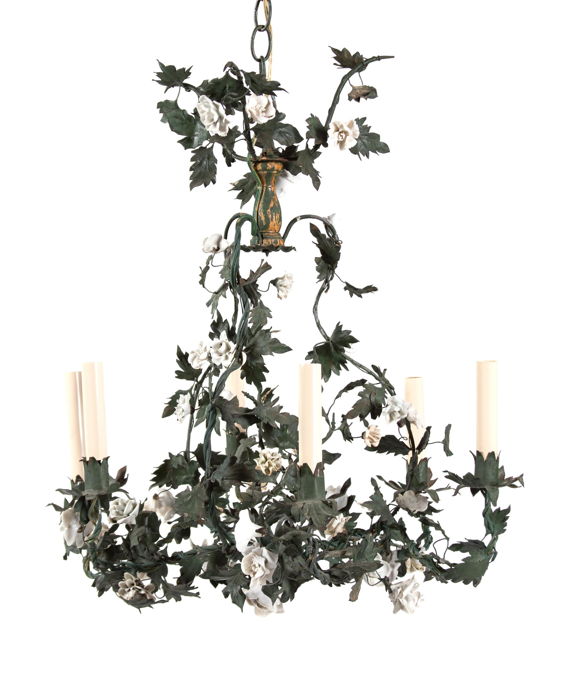 French Porcelain-Mounted Tole Six-Light Chandelier and a Pair of Matching Sconces