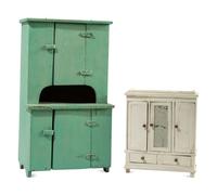 A Green Painted Miniature Step-Back Cupboard and a White-Painted Miniature Wardrobe Cabinet