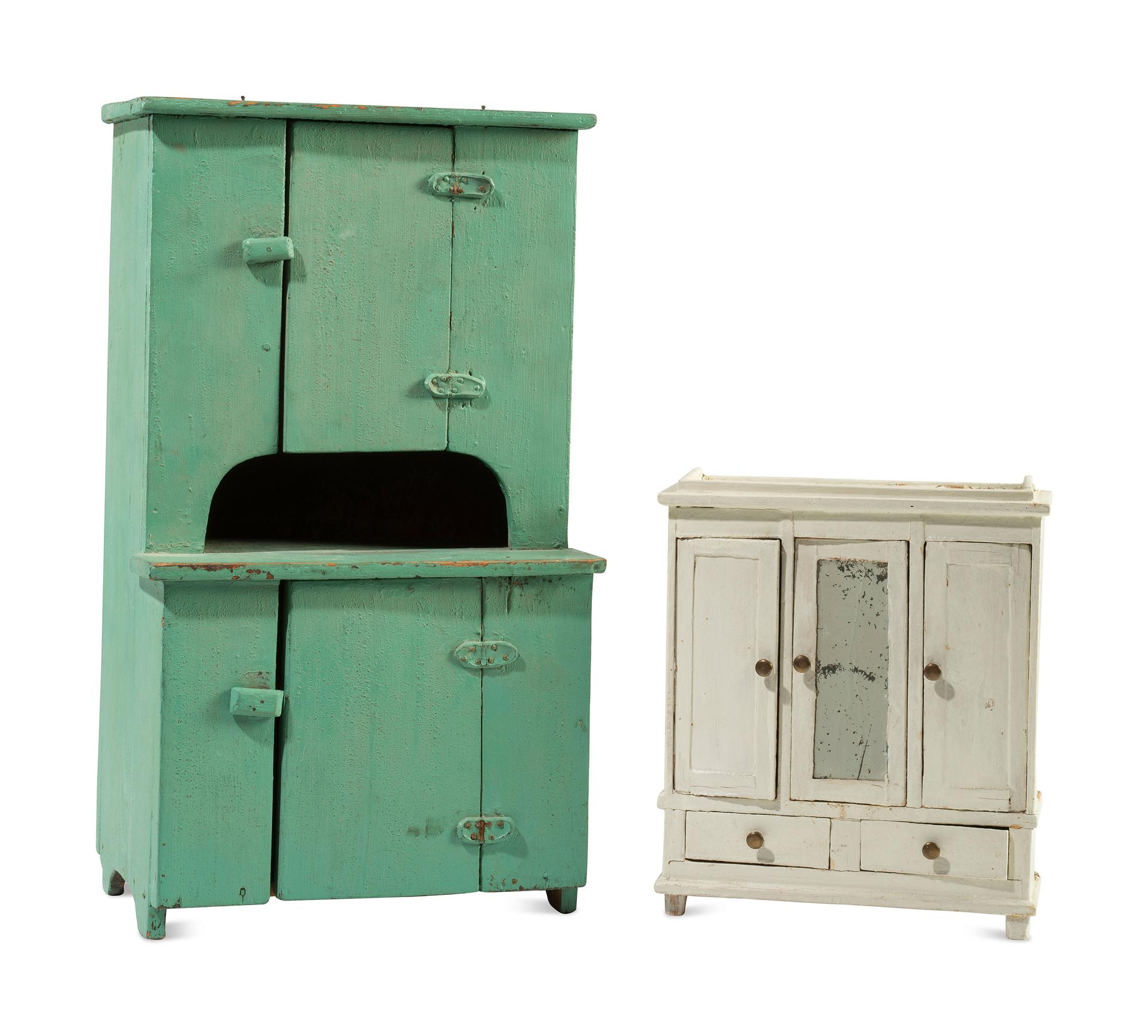 A Green Painted Miniature Step-Back Cupboard and a White-Painted Miniature Wardrobe Cabinet