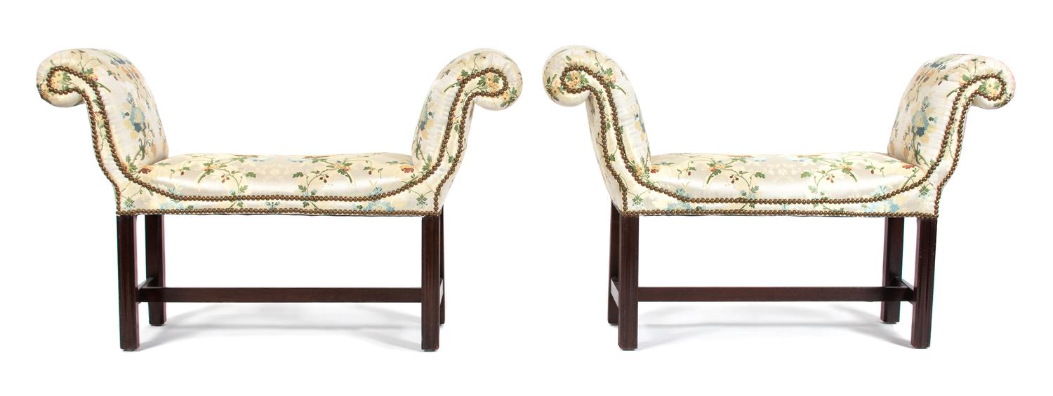 A Pair of George III Style Mahogany Scrolled Arm Window Benches Height 28 x width 44 x depth 14 inches. — EARLY 20TH CENTURY
