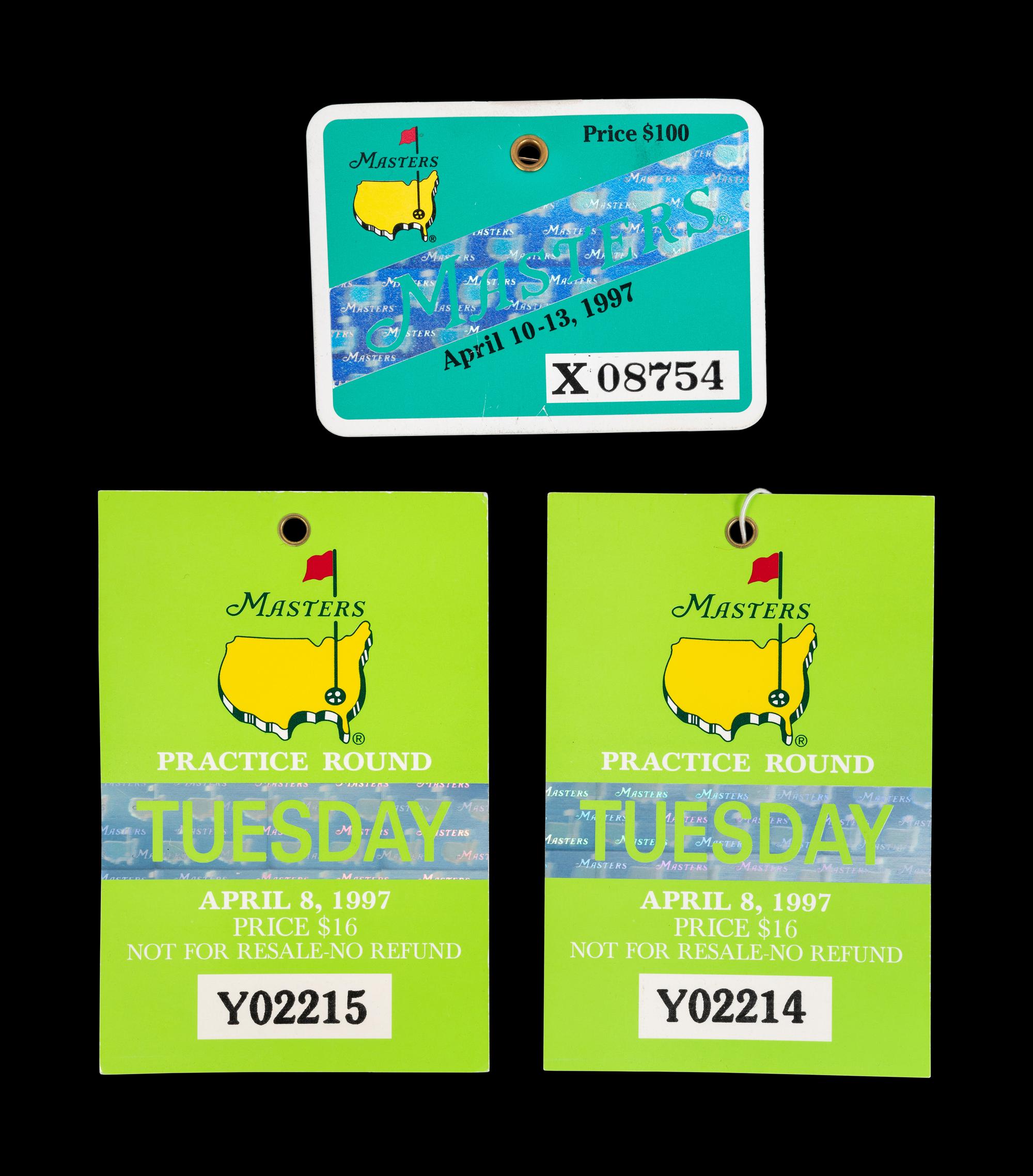 A Group of Tiger Woods 1997 Masters Golf Tournament Augusta National Items from Woods' First Victory (Including Badges),