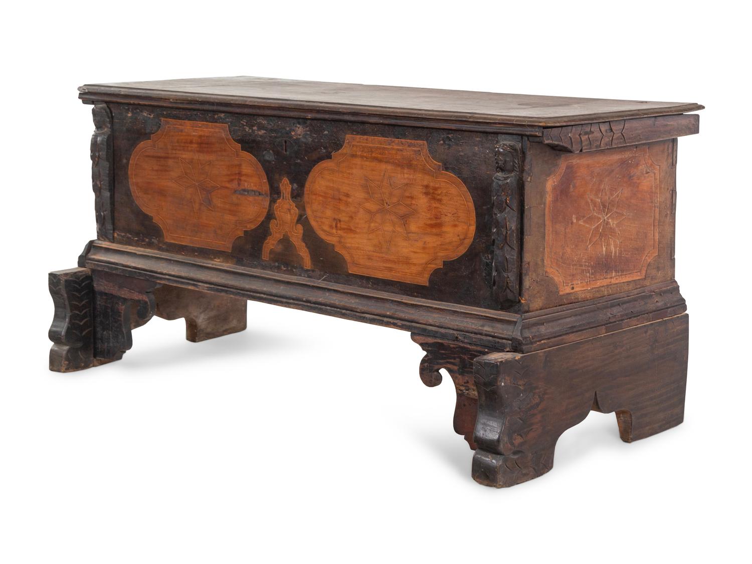 A Large Italian Walnut and Marquetry Cassone