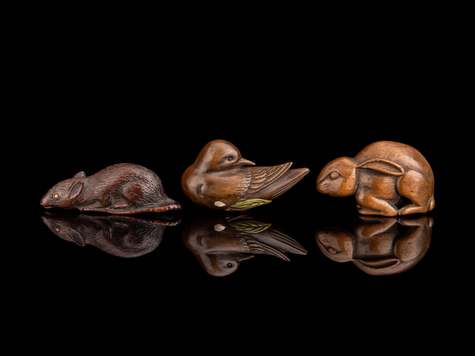 Three Japanese Carved Boxwood Netsuke